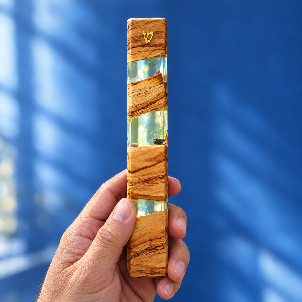 Olive wood and clear resin mezuzah case in the hand, to show its real size (18 x 3.2 cm)