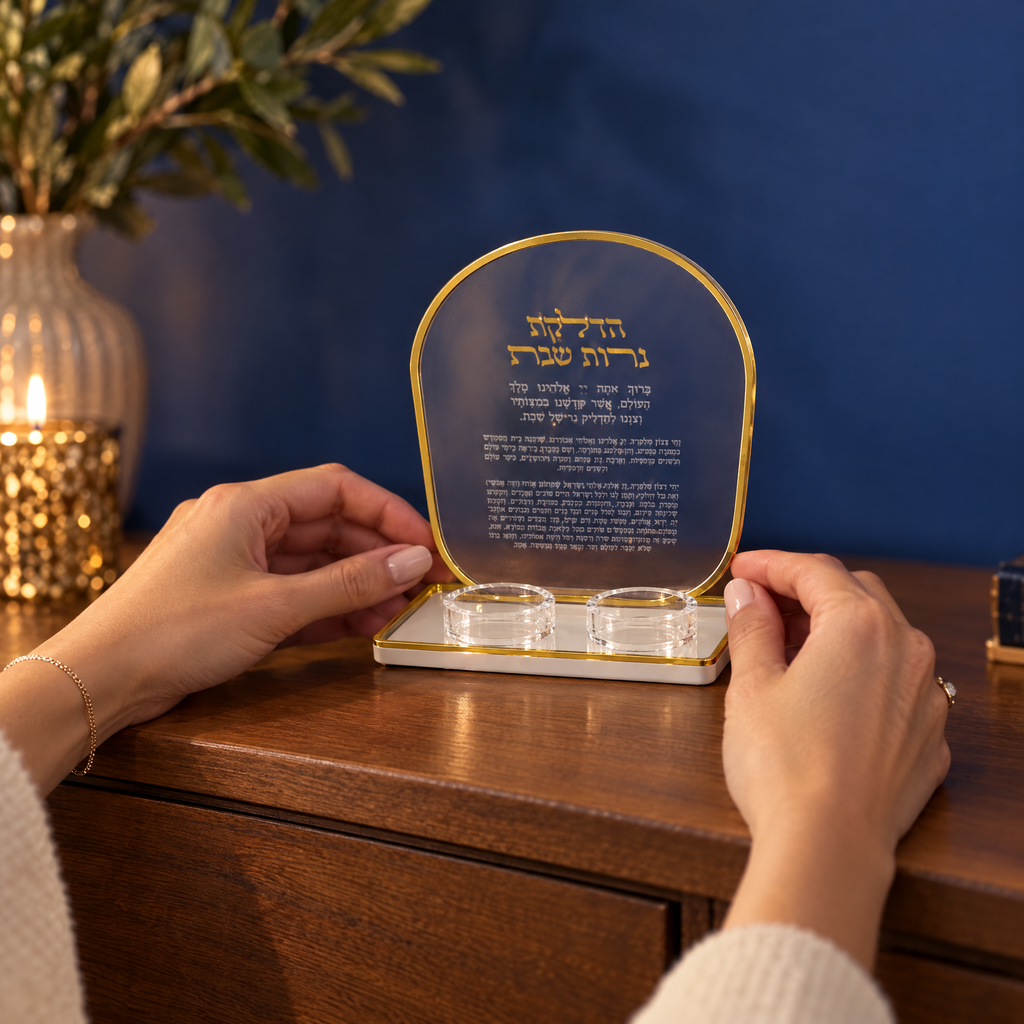 Shabbat candle blessing tray held in two hands, to show its real size (13.8 x 16.8 cm)