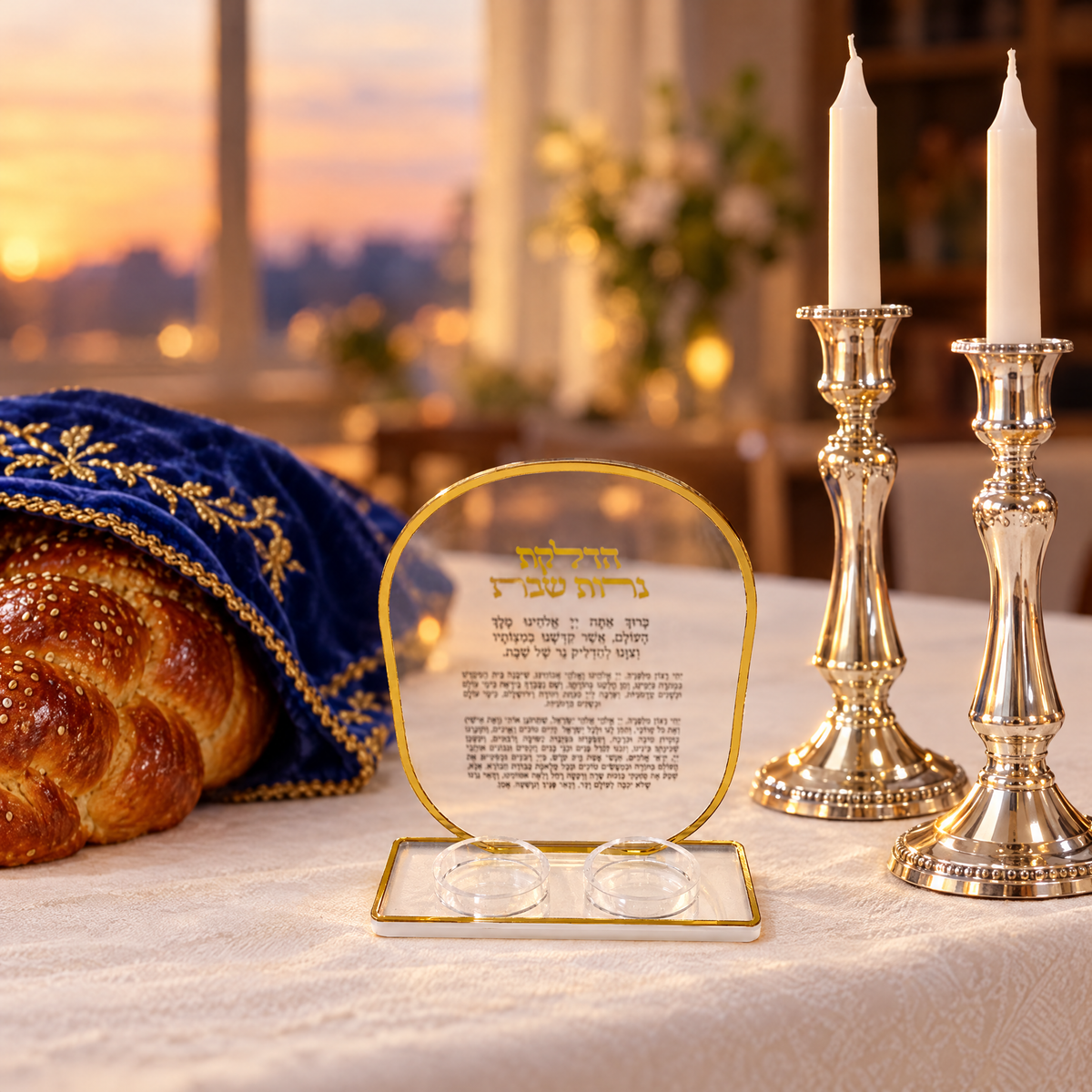 Shabbat candle blessing tray on a Shabbat table, shown at real size (13.8 x 16.8 cm)