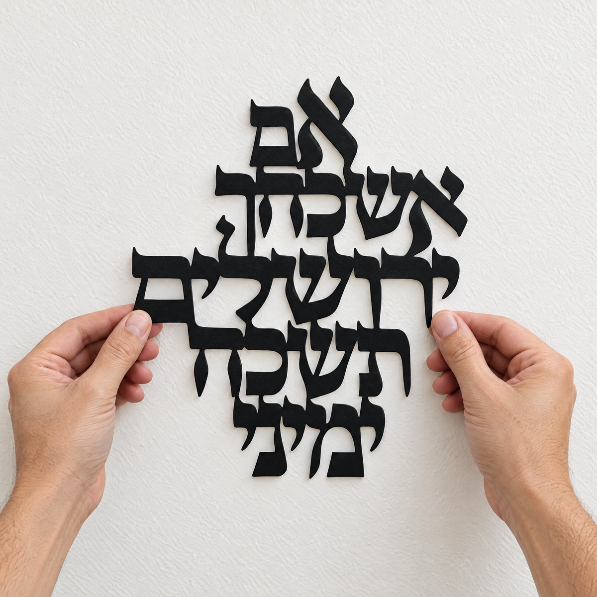 Jerusalem Hebrew metal wall art held in two hands, to show its real size (21 x 24.8 cm)