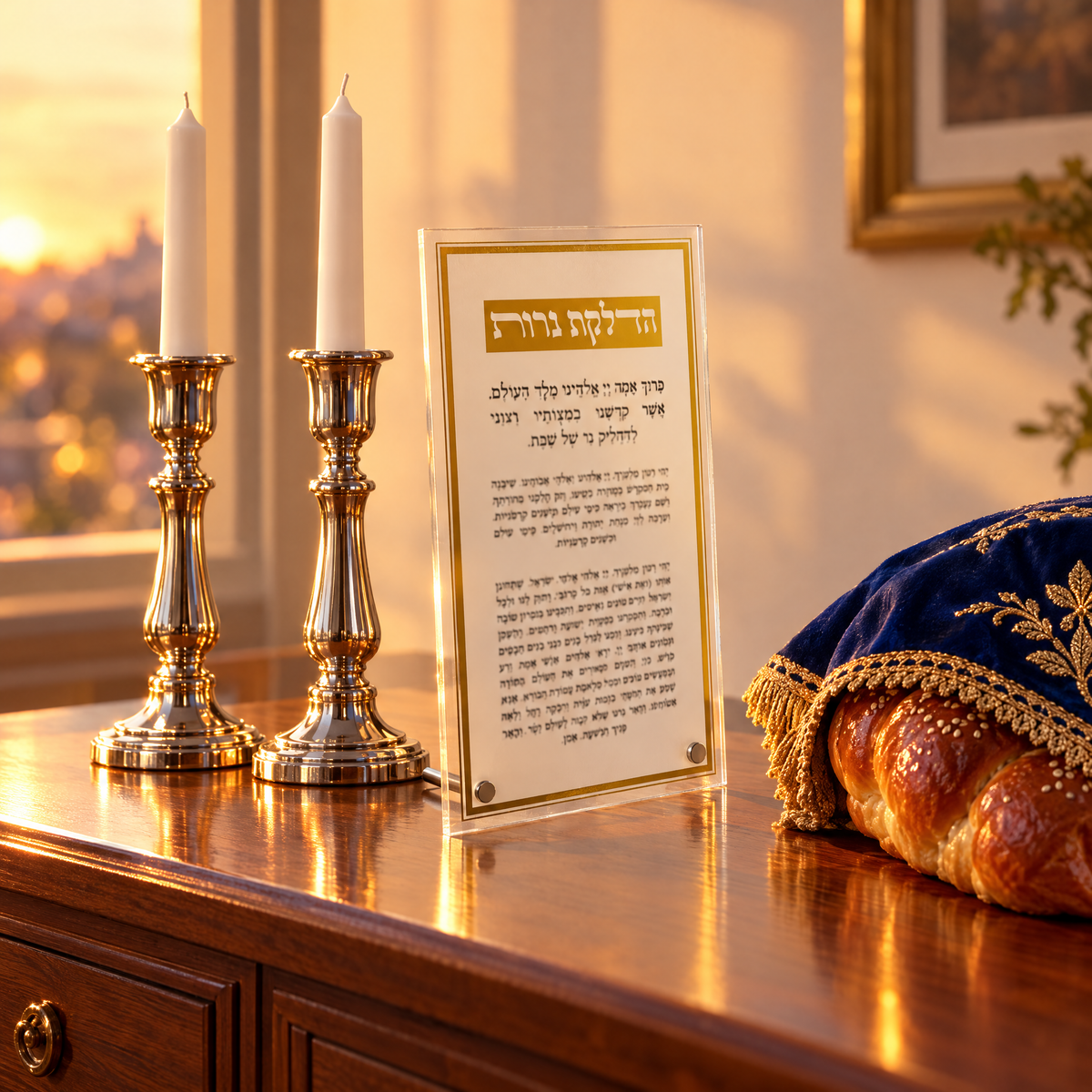 Shabbat candle blessing plaque beside Shabbat candlesticks, shown at real size (12.7 x 23 cm)