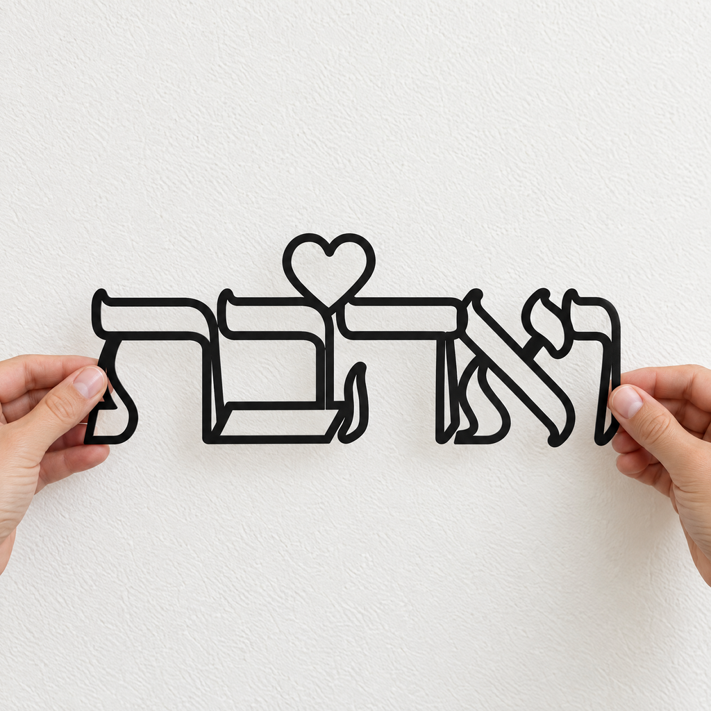 V'ahavta Hebrew wall art held in two hands, to show its real size (30 x 12 cm)