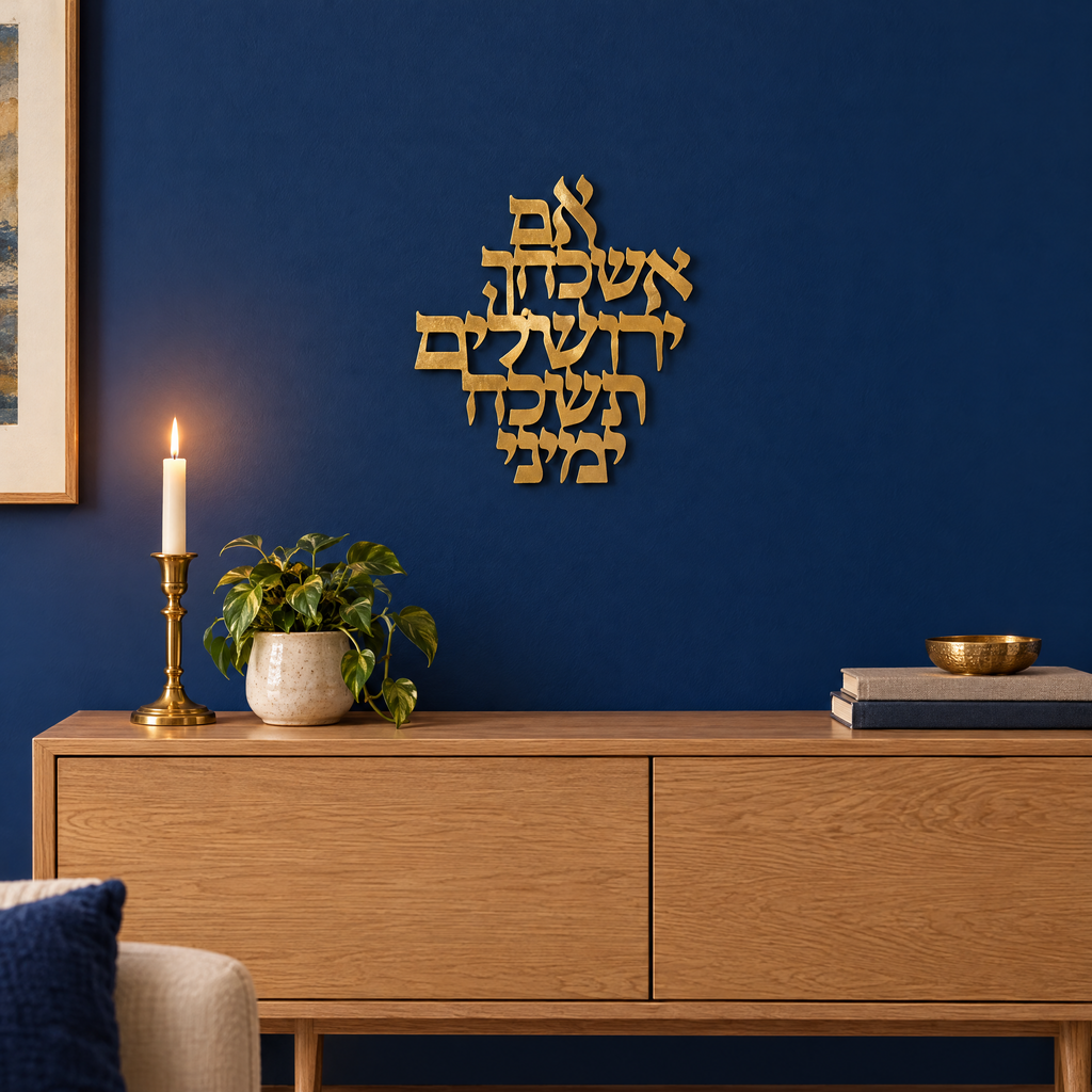 Golden Jerusalem Hebrew wall art above a sideboard, shown at real size (25.4 x 30 cm)
