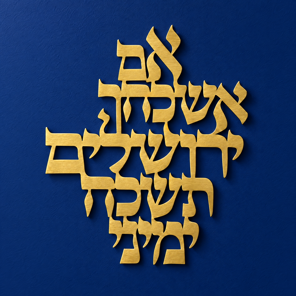 Golden Jerusalem Hebrew wall art on a royal blue wall, angled view