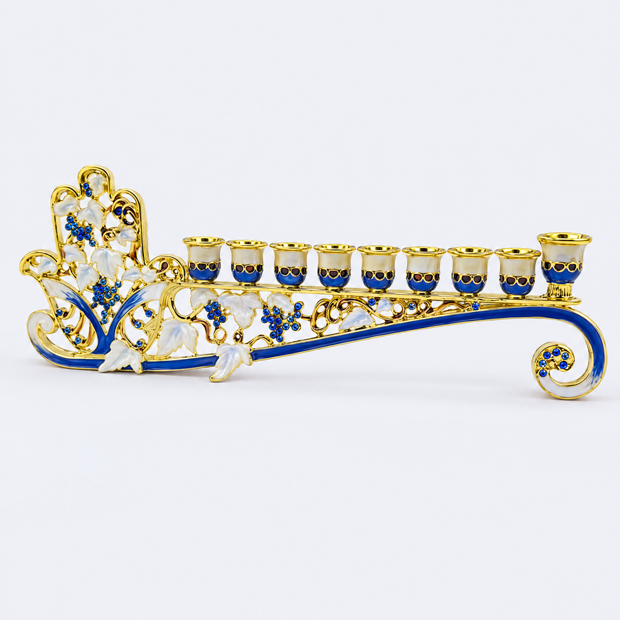 Hand-painted enamel Hanukkah menorah, studio photo