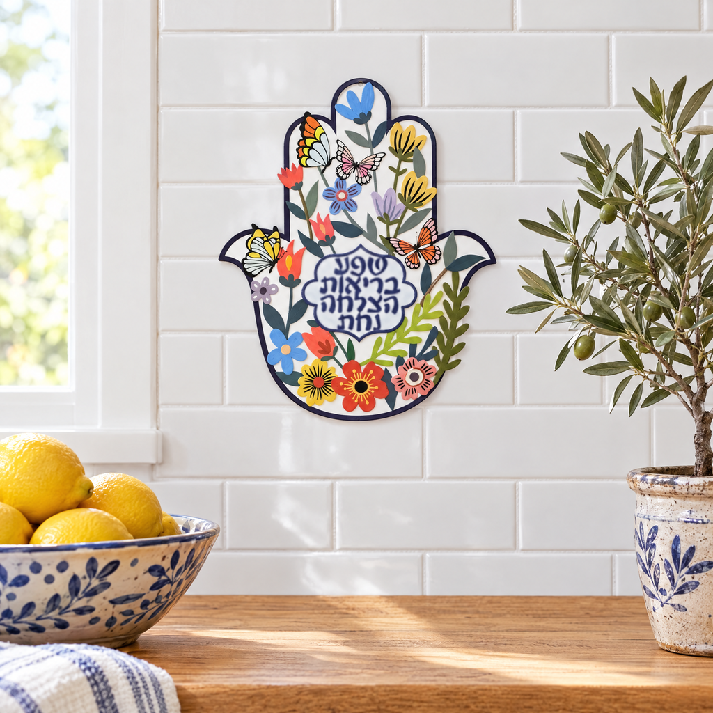 Painted iron hamsa wall art in a kitchen, shown at real size (21 x 25 cm)
