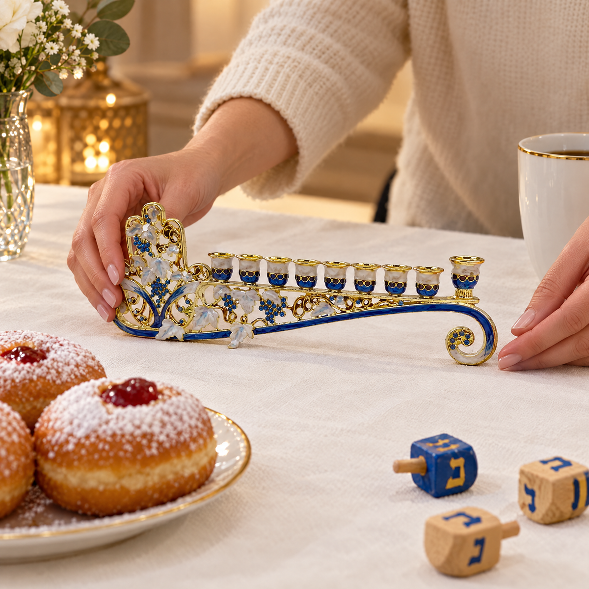Enamel Hanukkah menorah set on a table, to show its real size (24 x 8 cm)