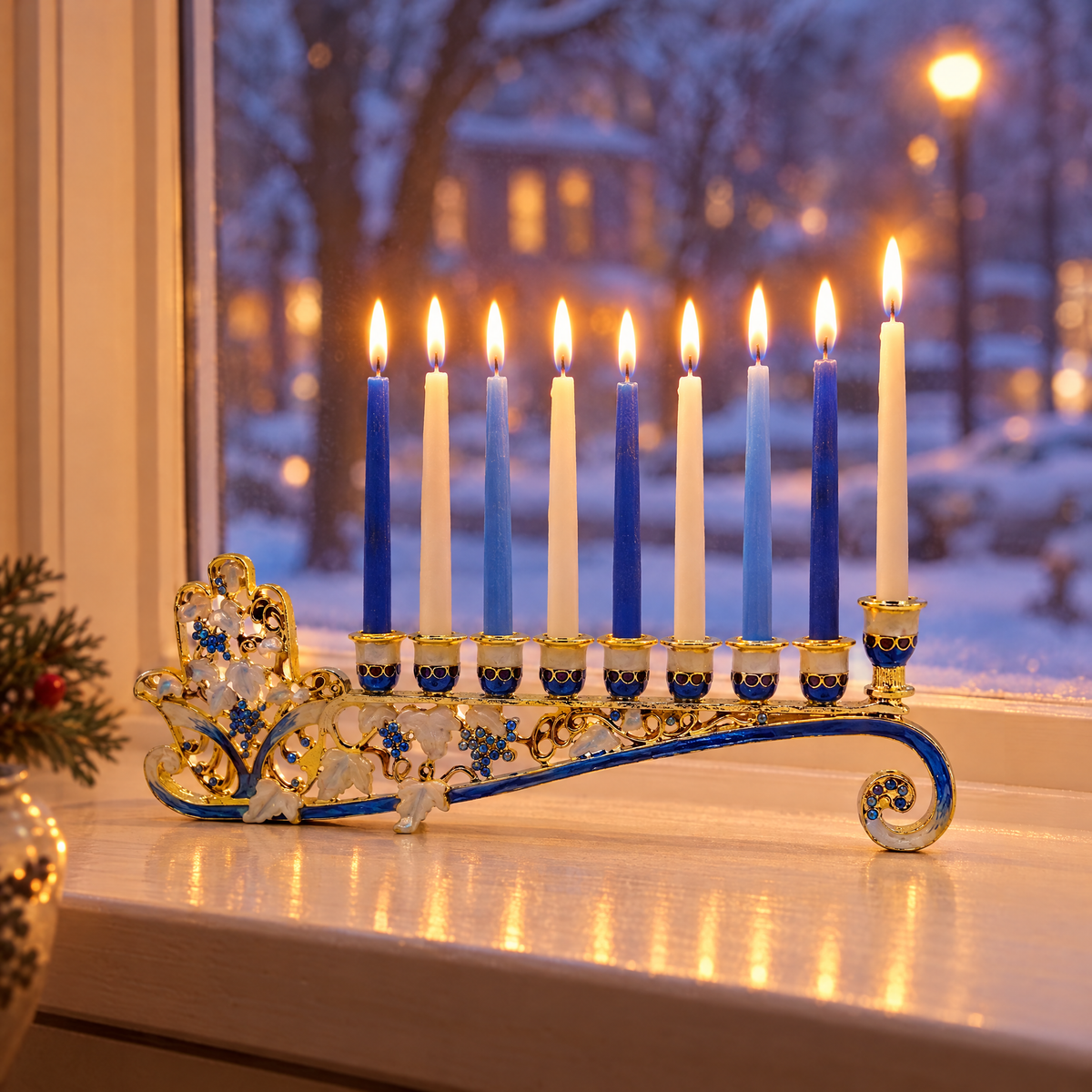 Enamel Hanukkah menorah lit on a windowsill, shown at real size (24 x 8 cm)