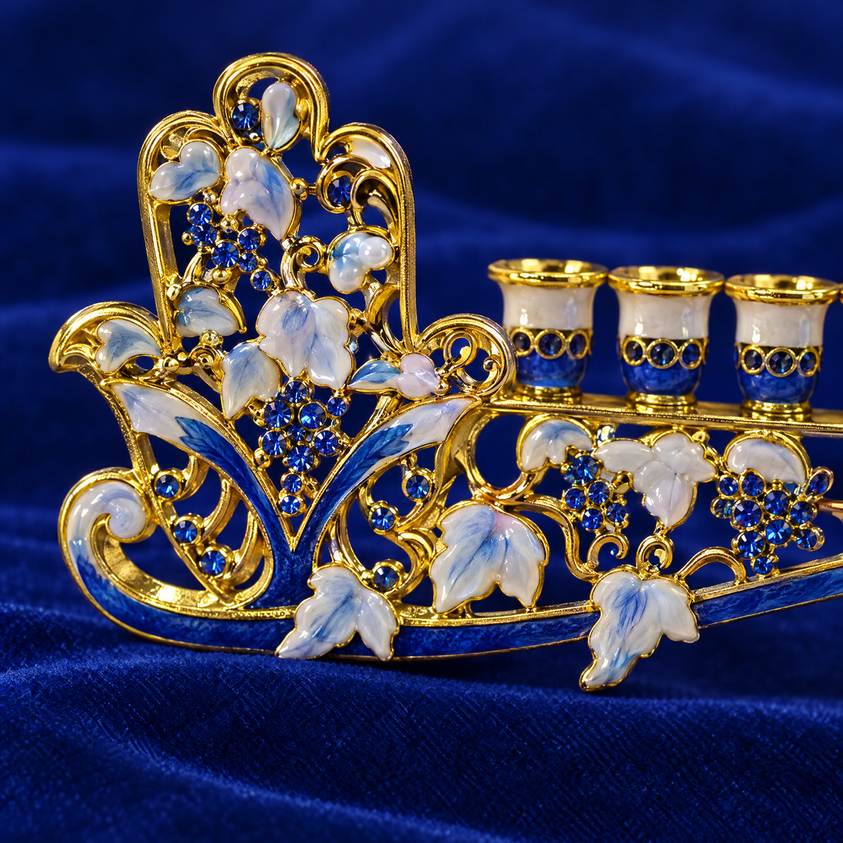 Enamel Hanukkah menorah, close-up of the hand-painted enamel