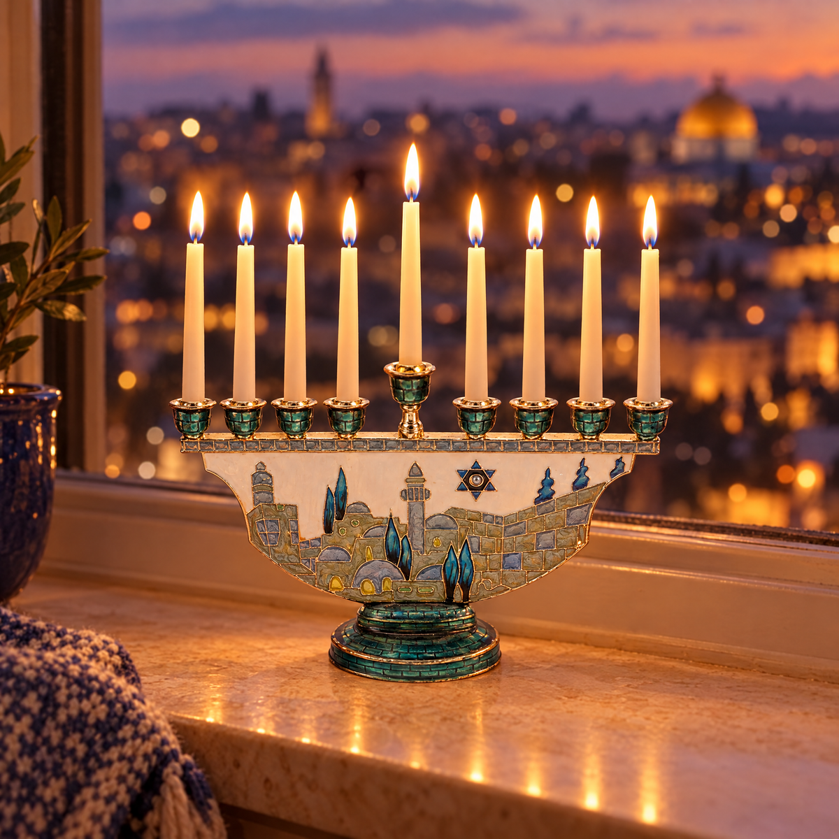Jerusalem Hanukkah menorah lit on a windowsill, shown at real size (18.5 x 12 cm)