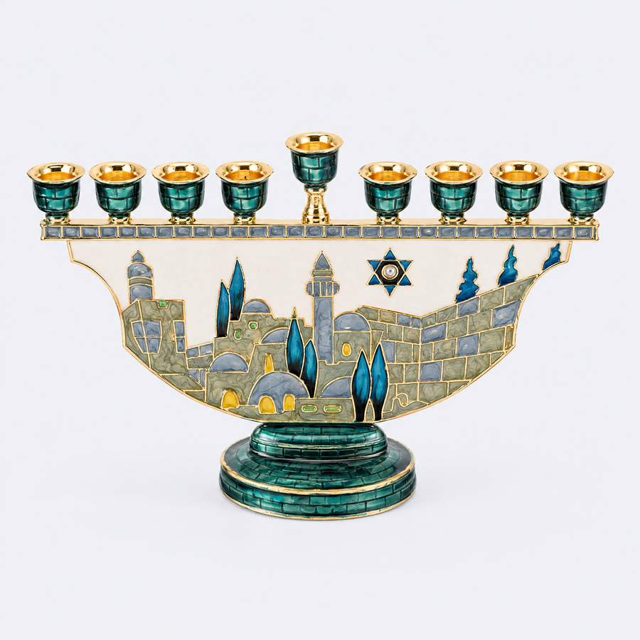 Jerusalem nine-branch Hanukkah menorah, studio photo