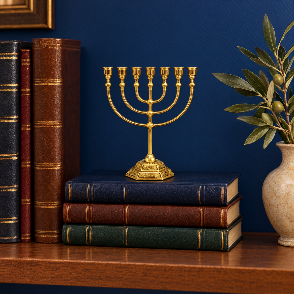 Temple menorah with the twelve tribes on a bookshelf