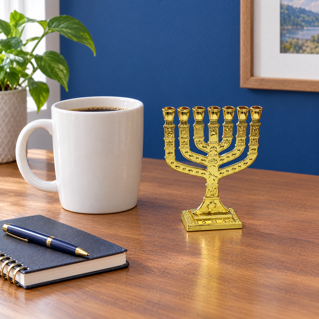 Seven-branch menorah in place at home, shown at real size (11.5 x 8.5 cm)