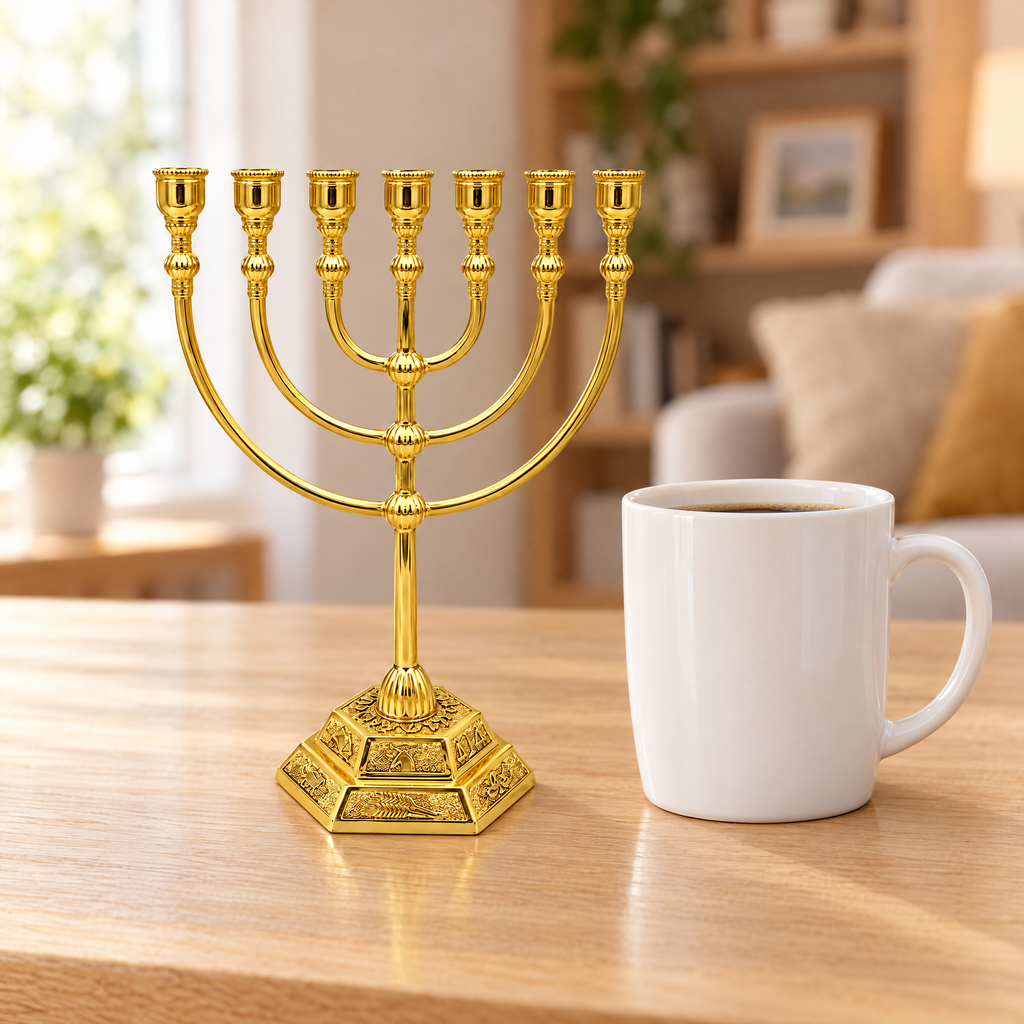 Temple menorah with the twelve tribes next to a coffee mug, shown at real size (17 x 13.5 cm)