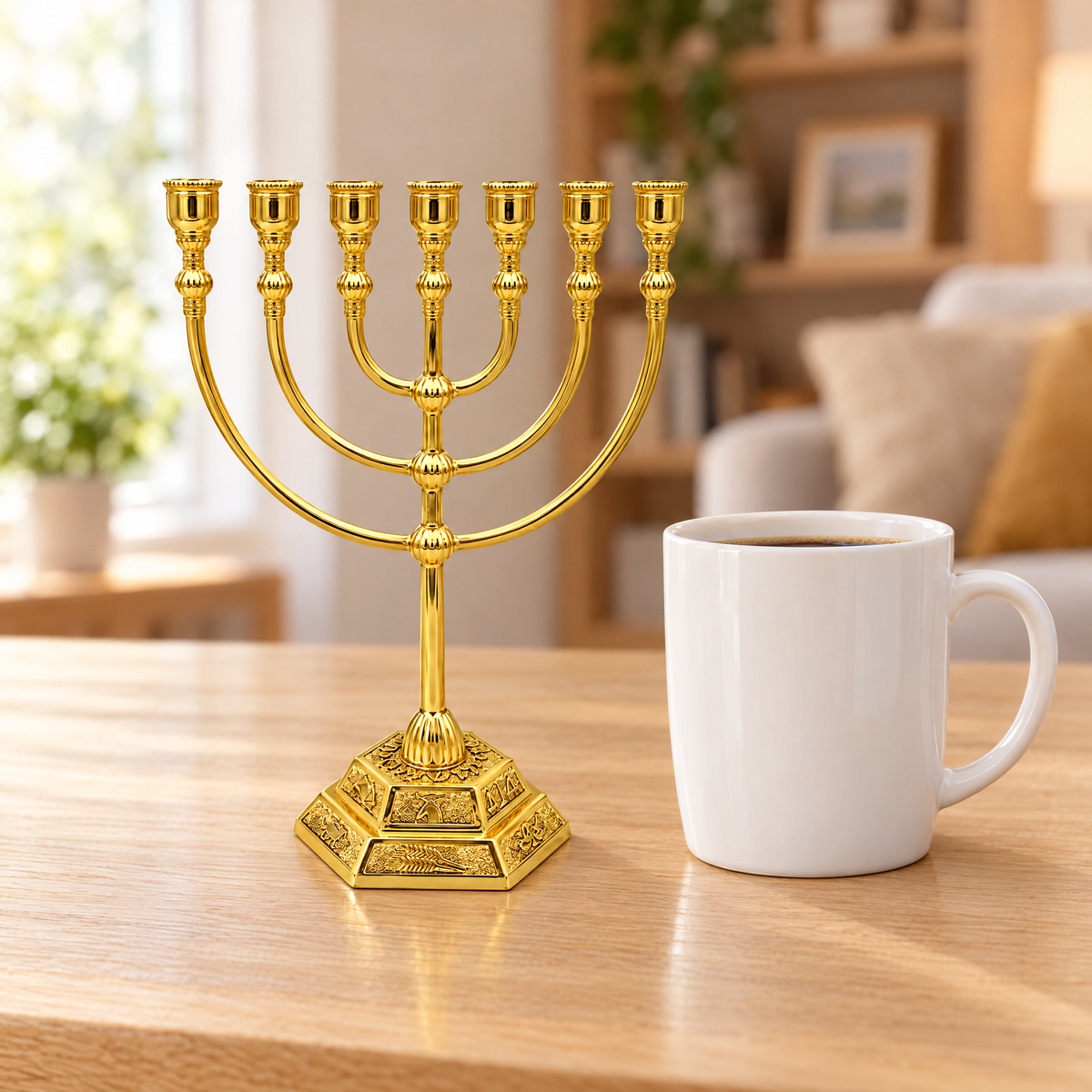 Temple menorah with the twelve tribes next to a coffee mug, shown at real size (17 x 13.5 cm)