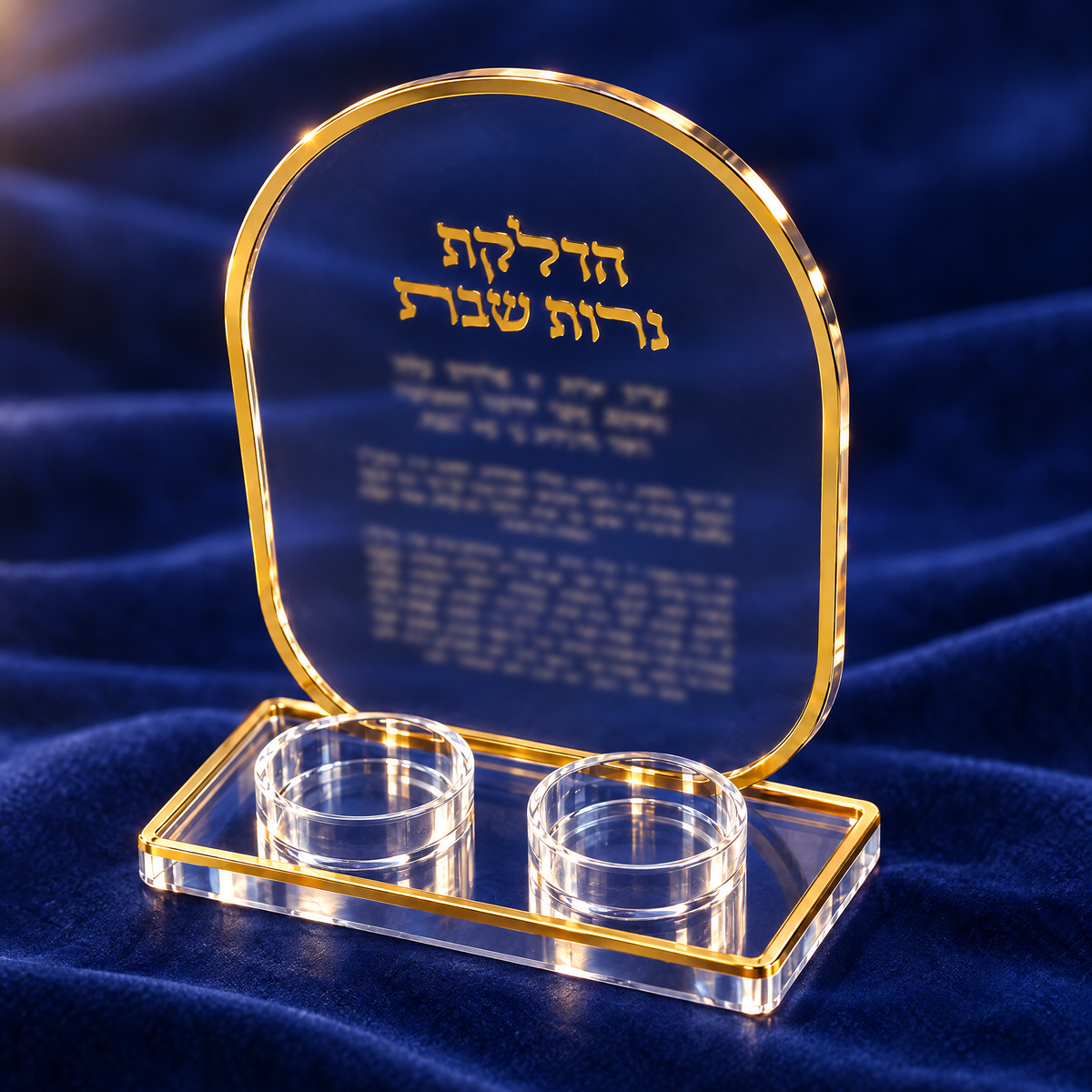 Shabbat candle blessing stand in clear acrylic on royal blue velvet