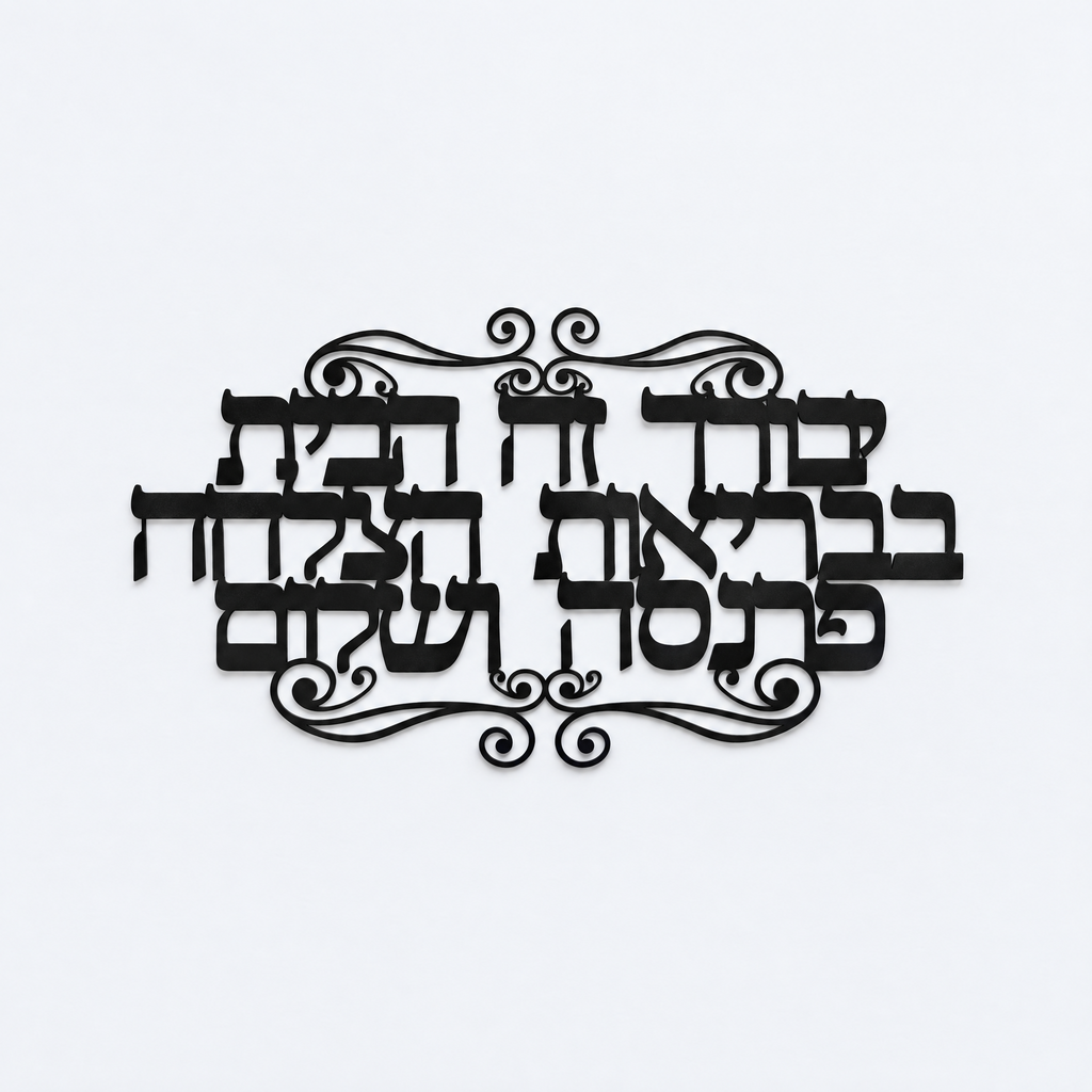 Hebrew home blessing wall art in black metal, studio photo