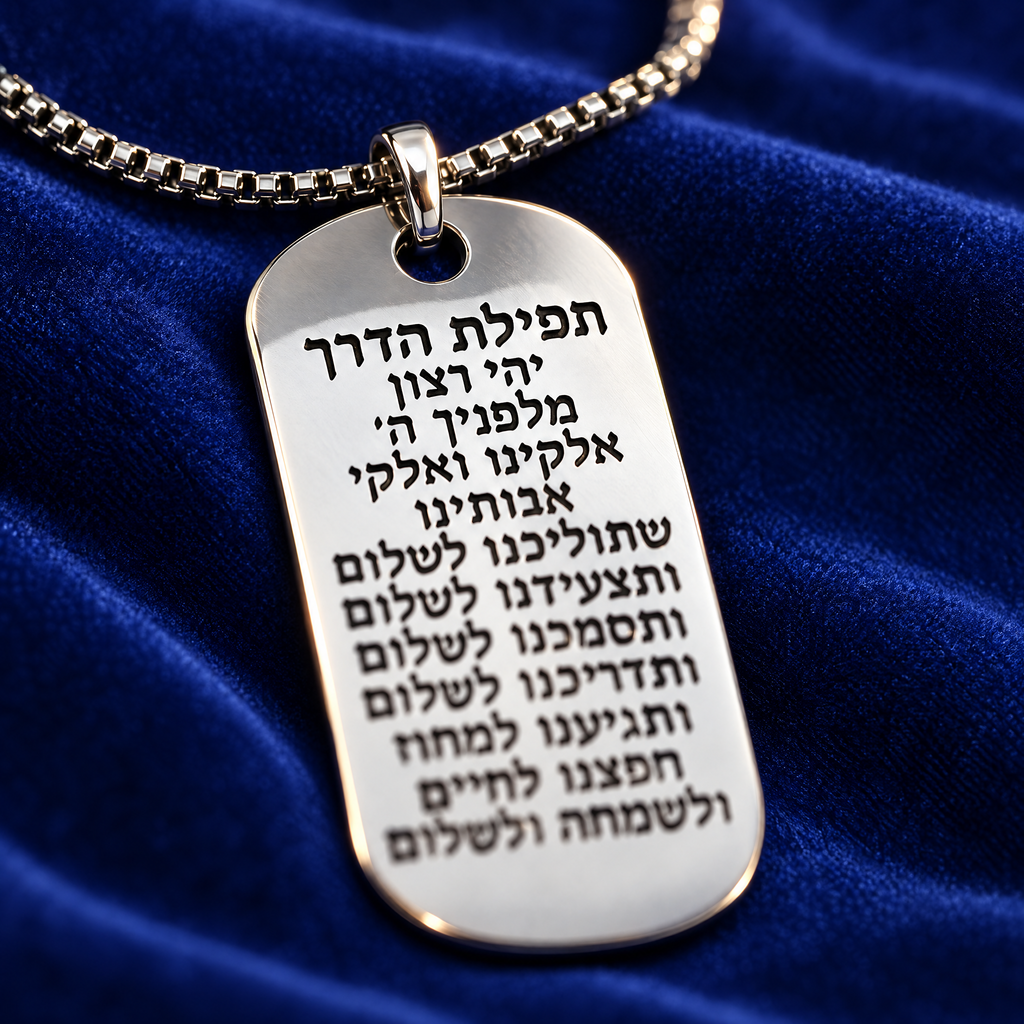 Traveler's Prayer necklace on royal blue velvet