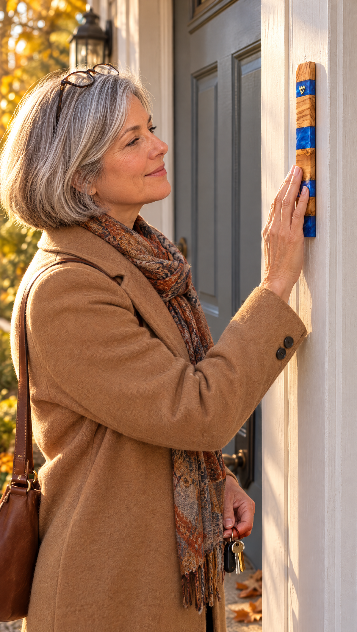 A woman touches the mezuzah on her front door