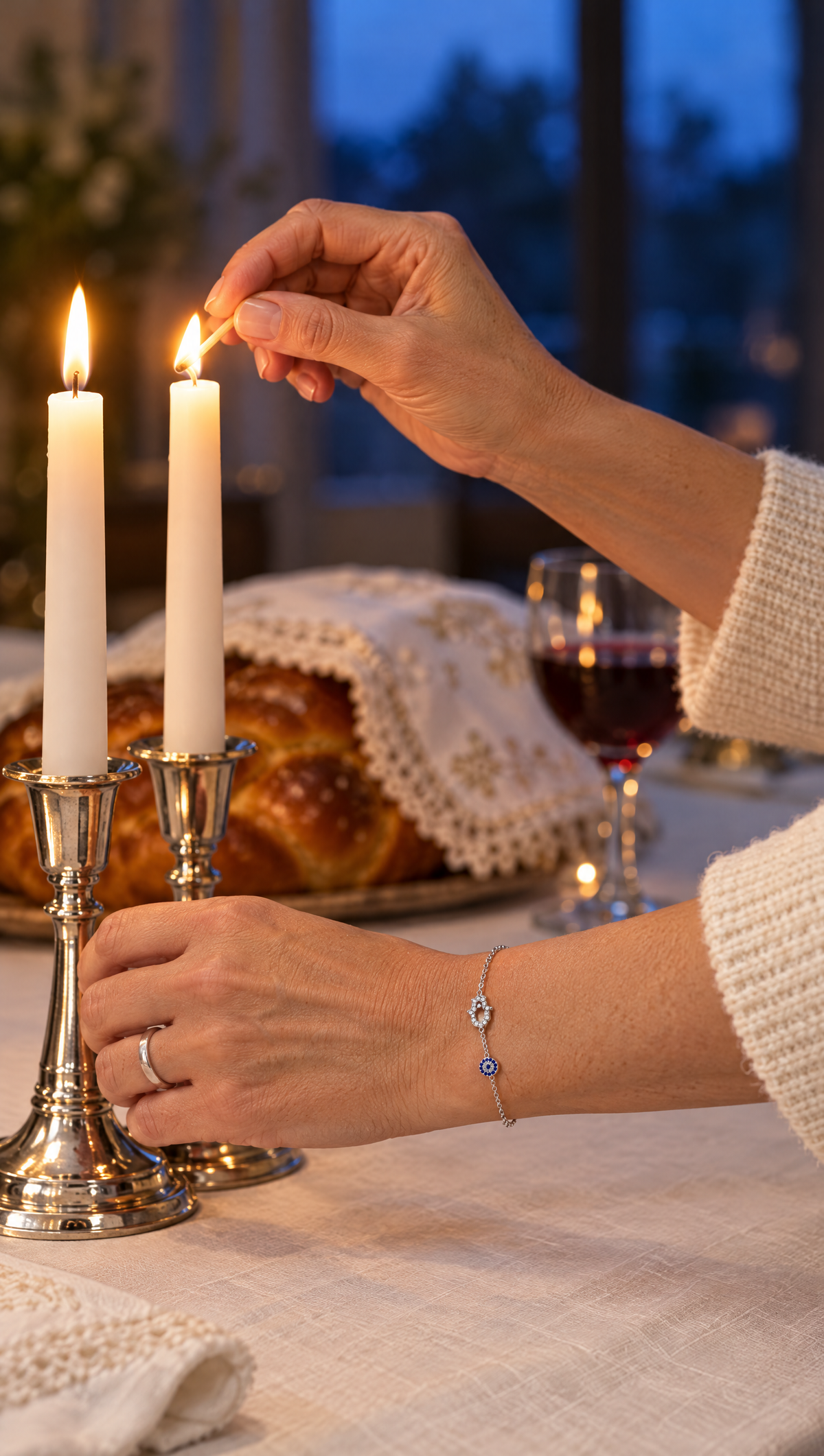 Hands lighting Shabbat candles on a Friday night table