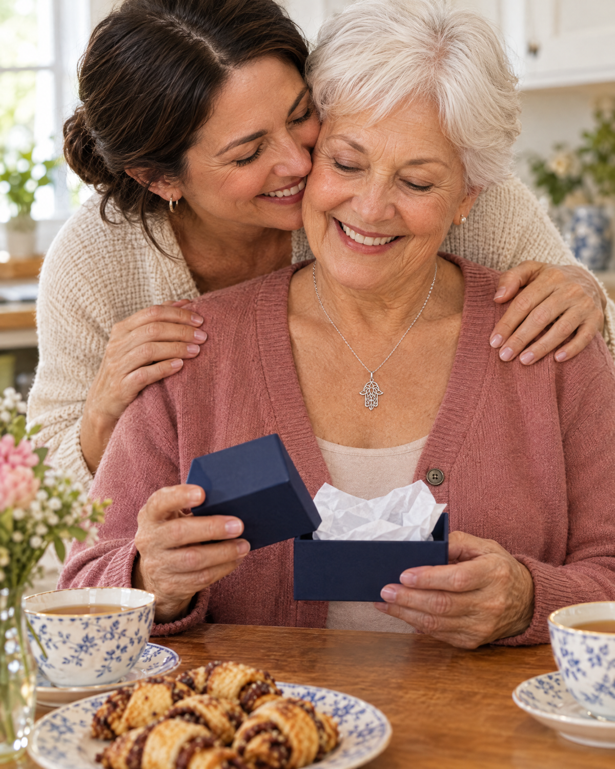 A grandmother and her daughter share a moment at the kitchen table